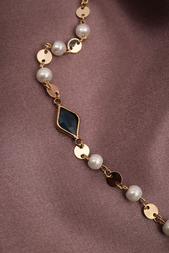 Lacivert Taş Detaylı Inci Kolye