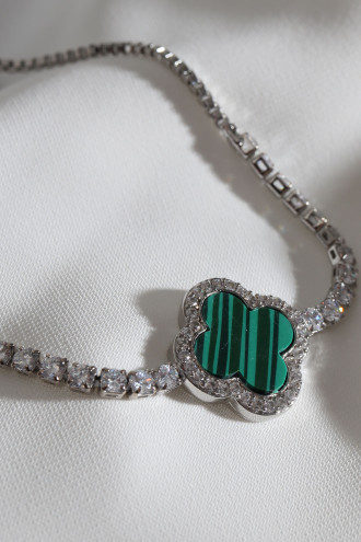 Yeşil Mineli Yonca Asansörlü Gümüş Renk Bileklik