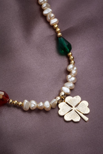 Gold Renk Yonca Uçlu Inci Kolye