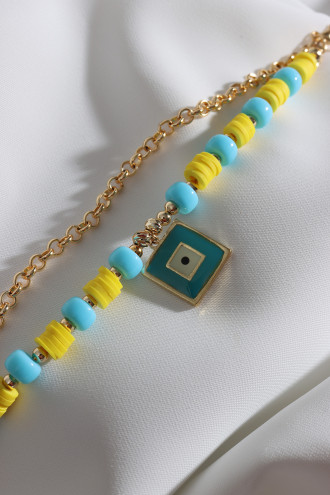 2'Li Sarı Fimo Boncuklu Kare Sallantılı Mineli Bileklik