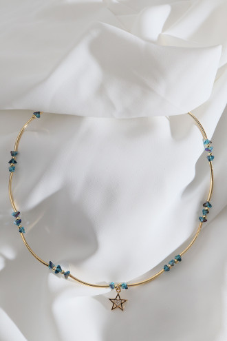 Yıldız Uçlu Lacivert Boncuk Boru Detay Gold Renk Kolye