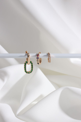 Vip Collectıon 3'Lü Yeşil Taşlı Gold Renk Halka Küpe