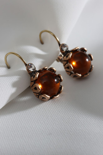 Yuvarlak Turuncu Saydam Taşlı Otantik Küpe