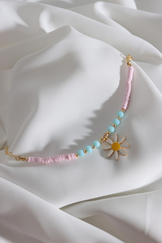 Toz Pembe Fimo Boncuklu Beyaz Mineli Papatya Bileklik