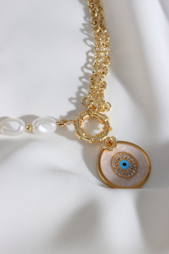 Mineli Nazar Uçlu Inci Kolye