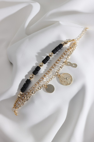 3'Lü Madalyon Sallantılı Siyah Lino Boncuklu Bileklik