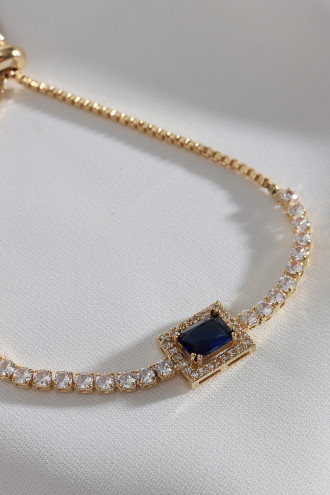 Lacivert Baget Taşlı Gold Renk Asansörlü Zircon Su Yolu Bileklik