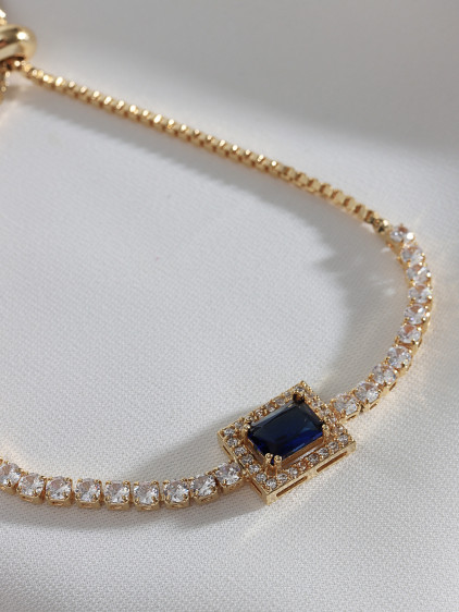 Lacivert Baget Taşlı Gold Renk Asansörlü Zircon Su Yolu Bileklik