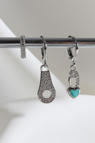 Vip Collectıon 3'Lü Mavi Mineli Gümüş Renk Halka Küpe