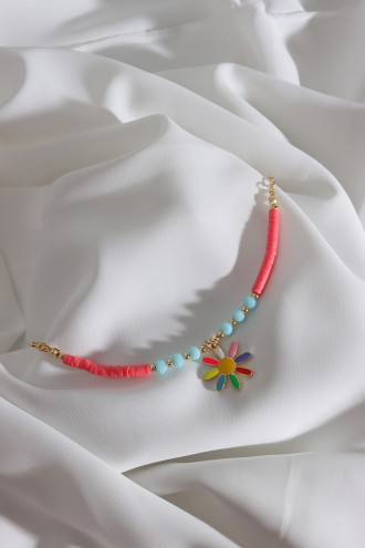 Pembe Fimo Boncuklu Renkli Mineli Papatya Bileklik