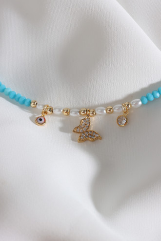 Kelebek Charmlı İnci Detay Mavi Boncuk Kolye