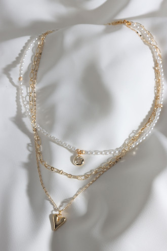 İncili 2'Li Gold Renk Kalp Uçlu Kolye