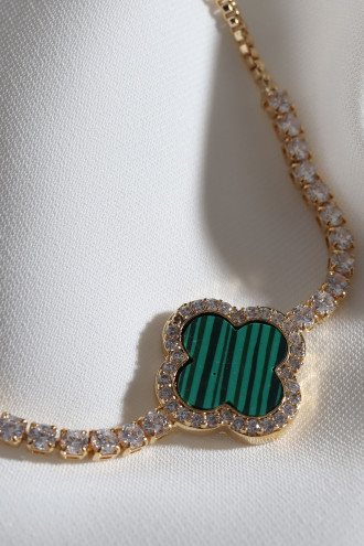 Yeşil Mineli Yonca Asansörlü Gold Renk Bileklik