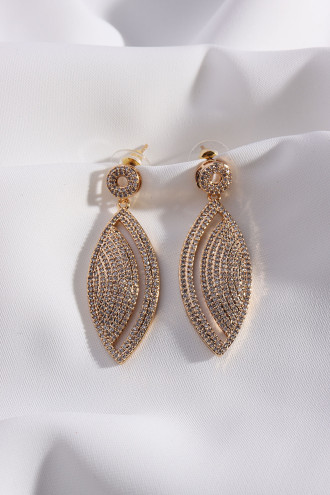 Uzun Sallantılı Zircon Taşlı Gold Renk Abiye Küpe