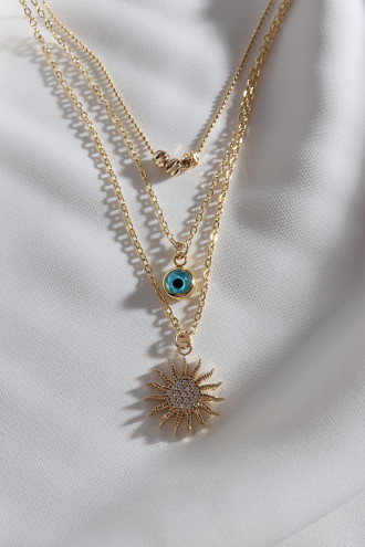 3'Lü Güneş Ve Nazar Figürlü Gümüş Renk Kolye