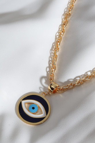 Kalın Zincirli Mineli Gold Renk Göz Kolye