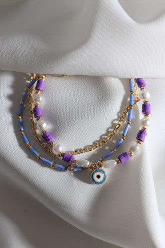 Mor Fimo Boncuklu İnci Detay 3'Lü Nazar Boncuklu Bileklik