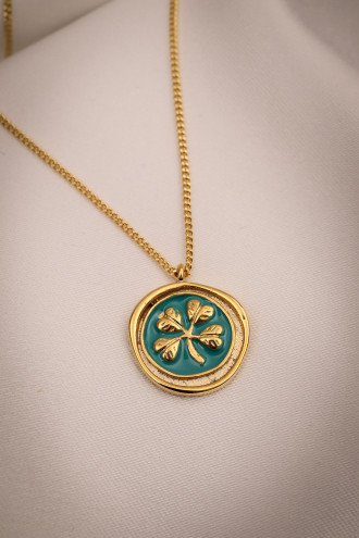 Mavi Mineli Yonca Figür Gold Renk Kolye