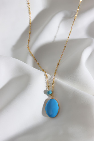 Mavi Mineli Kapaklı Çift Taraflı Kullanıma Uygun Oval Gold Renk Kolye