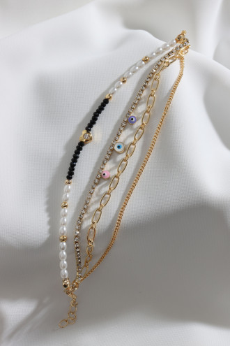 4'Lü Siyah Boncuk Detaylı Gold Renk Çoklu Bileklik