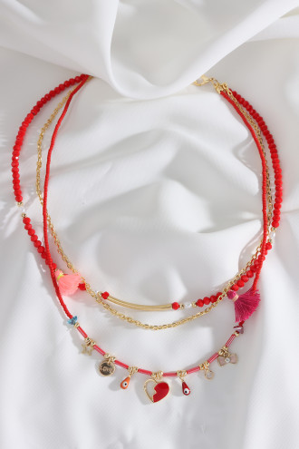 3'Lü Gold Renk Zincir Detaylı Kırmızı Boncuk Charm Kolye