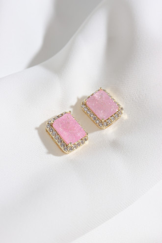 Neon Pembe Taşlı Gold Renk Kare Küpe