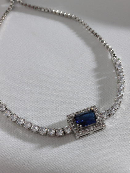 Lacivert Baget Taşlı Gümüş Renk Asansörlü Zircon Su Yolu Bileklik