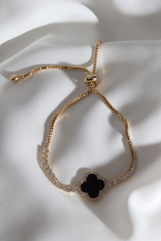 Siyah Mineli Yonca Asansörlü Gold Rengi Bileklik