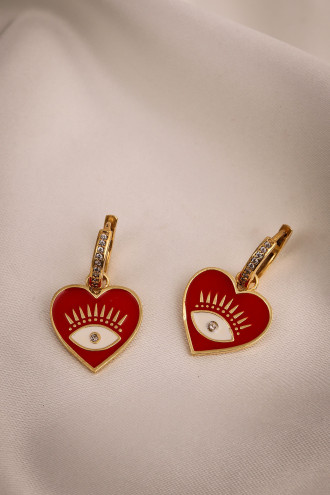 Kırmızı Mineli Kalp Halka Küpe