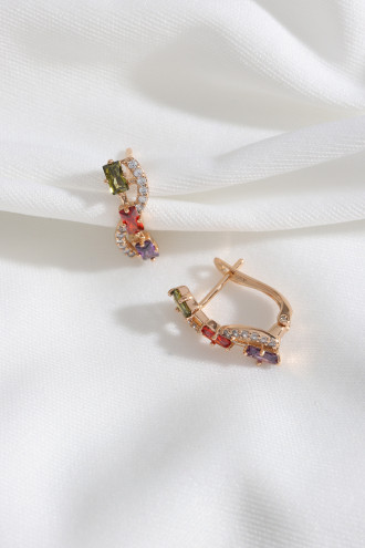 Renkli Baget Taşlı Çelik Gold Renk Küpe