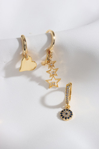 3'Lü Nazar Boncuğu Gold Renk Küpe 3'Lü Nazar Boncuğu Gold Renk Küpe