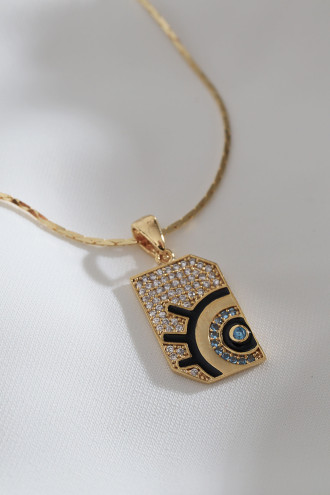 Zircon Taşlı Göz Figürlü Mineli Yılan Zincir Gold Renk Kolye