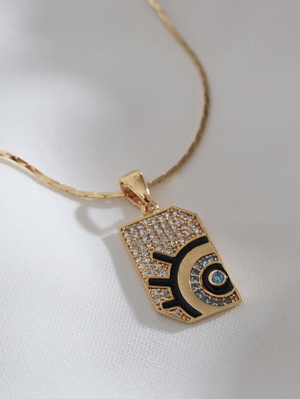 Zircon Taşlı Göz Figürlü Mineli Yılan Zincir Gold Renk Kolye