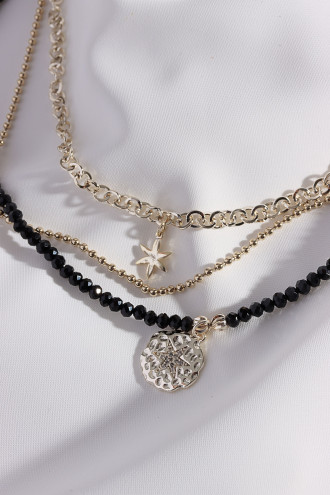 Siyah Kristal Taşlı 3'Lü Gold Renk Kolye