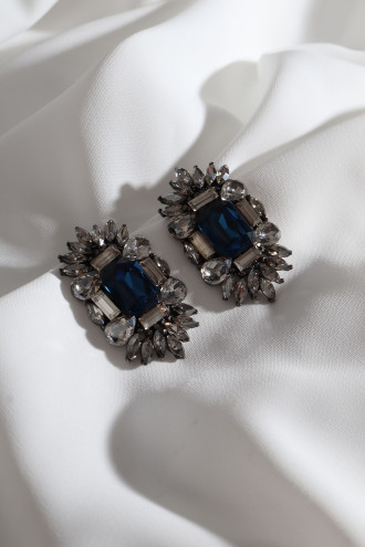 Büyük Lacivert Taşlı Antrasit Renk Abiye Küpe