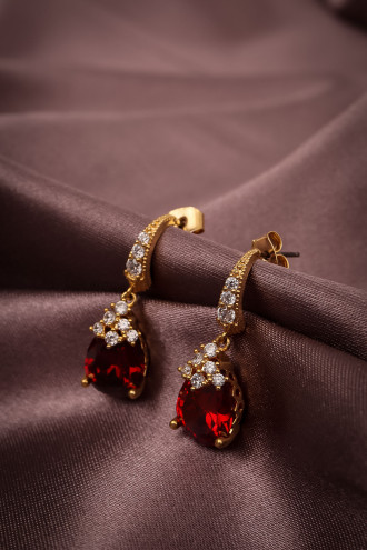 Kırmızı Taşlı Gold Renk Abiye Küpe