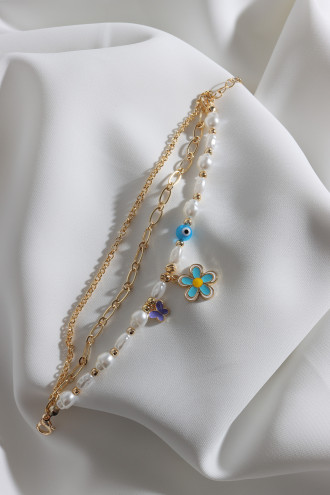 3'Lü Mavi Papatyalı İnci Detay Zincir Bileklik
