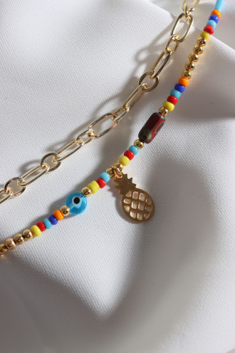 Çift Sıralı Gold Renk Zincirli Boncuk Halhal