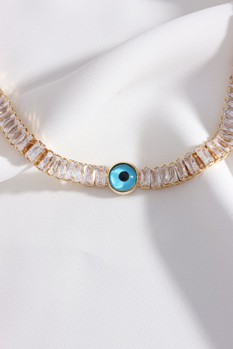 Baget Zircon Taşlı Nazar Boncuklu Gold Renk Kolye