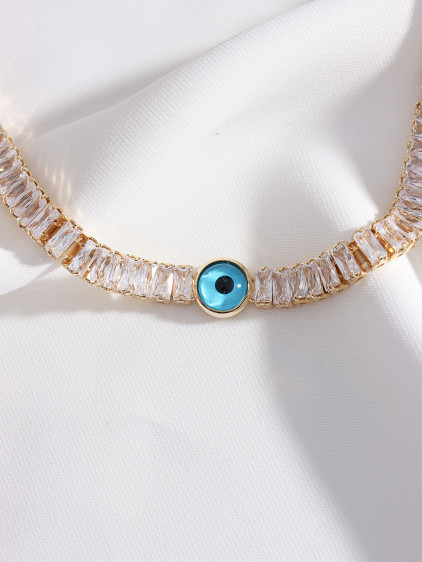 Baget Zircon Taşlı Nazar Boncuklu Gold Renk Kolye