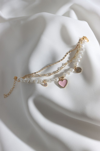 3'Lü Inci Detay Mineli Kalp Uçlu Gold Renk Bileklik