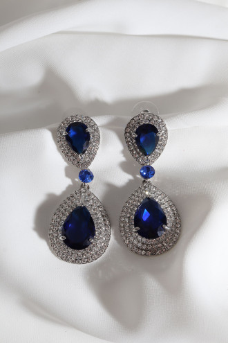 Lacivert Taşlı Sallantılı Gümüş Renk Abiye Küpe