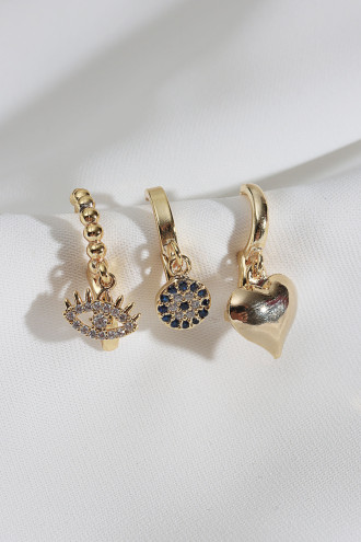 3'Lü Kalp Figür Gold Renk Küpe