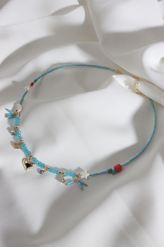 Mavi Renk Charmlı Boncuk Kolye