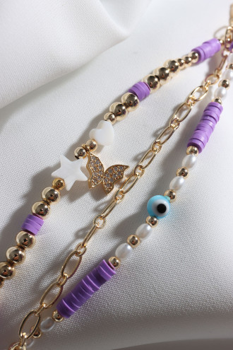 3Lü Kelebek Uçlu Mor Renk Fimo Boncuklu Bileklik