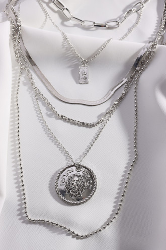 Aslanlı Plaka Uçlu 5 Zincirli Uzun Gümüş Renk Kolye