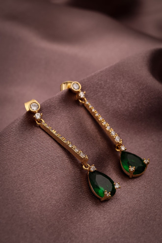 Yeşil Taşlı Gold Renk Sallantılı Abiye Küpe