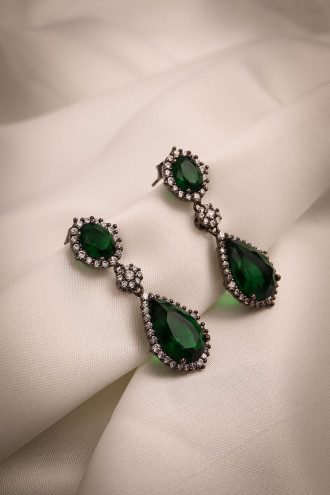 Yeşil Zircon Taşlı Sallantılı Antrasit Abiye Küpe