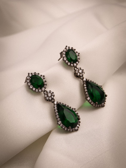 Yeşil Zircon Taşlı Sallantılı Antrasit Abiye Küpe