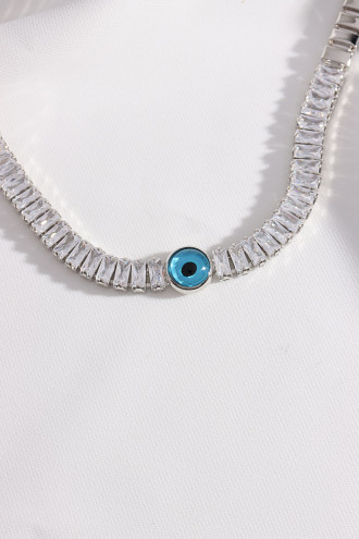 Baget Zircon Taşlı Nazar Boncuklu Gümüş Renk Kolye